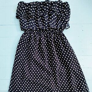 Studio Spa Navy Polka Dot Strapless Ruffle Mini Dress M Cottagecore Retro